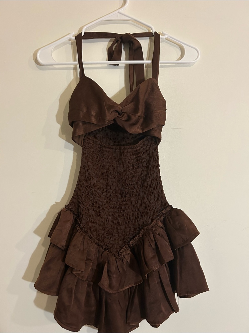 Women’s Brown Tiered Ruffle Cut-Out Halter Dress